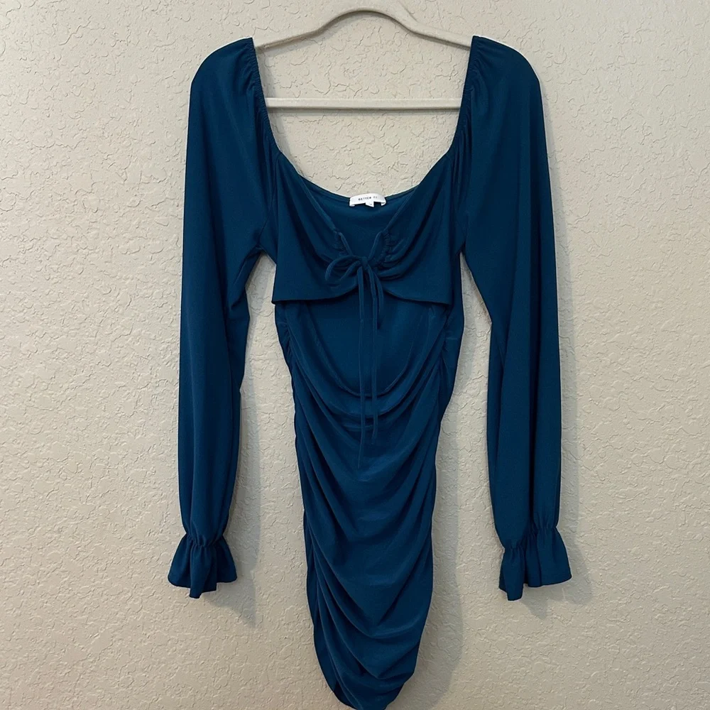 Better Be Teal Long Sleeve Ruched Dress p